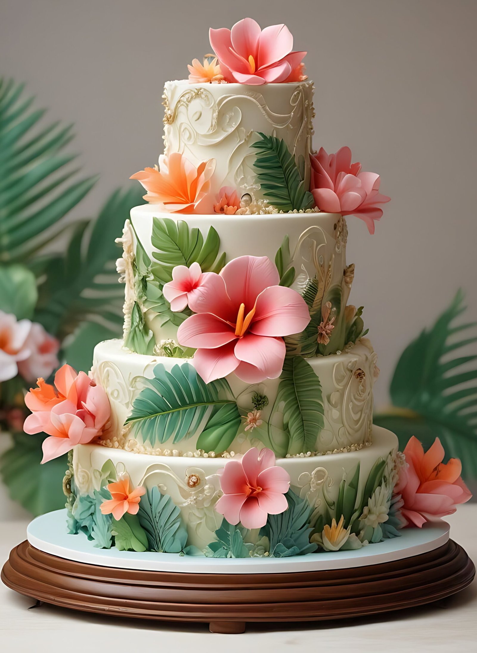 These wedding cake Ideas are everything tropical — lush leaves, bright florals, and ocean waves swirling in sweet perfection.