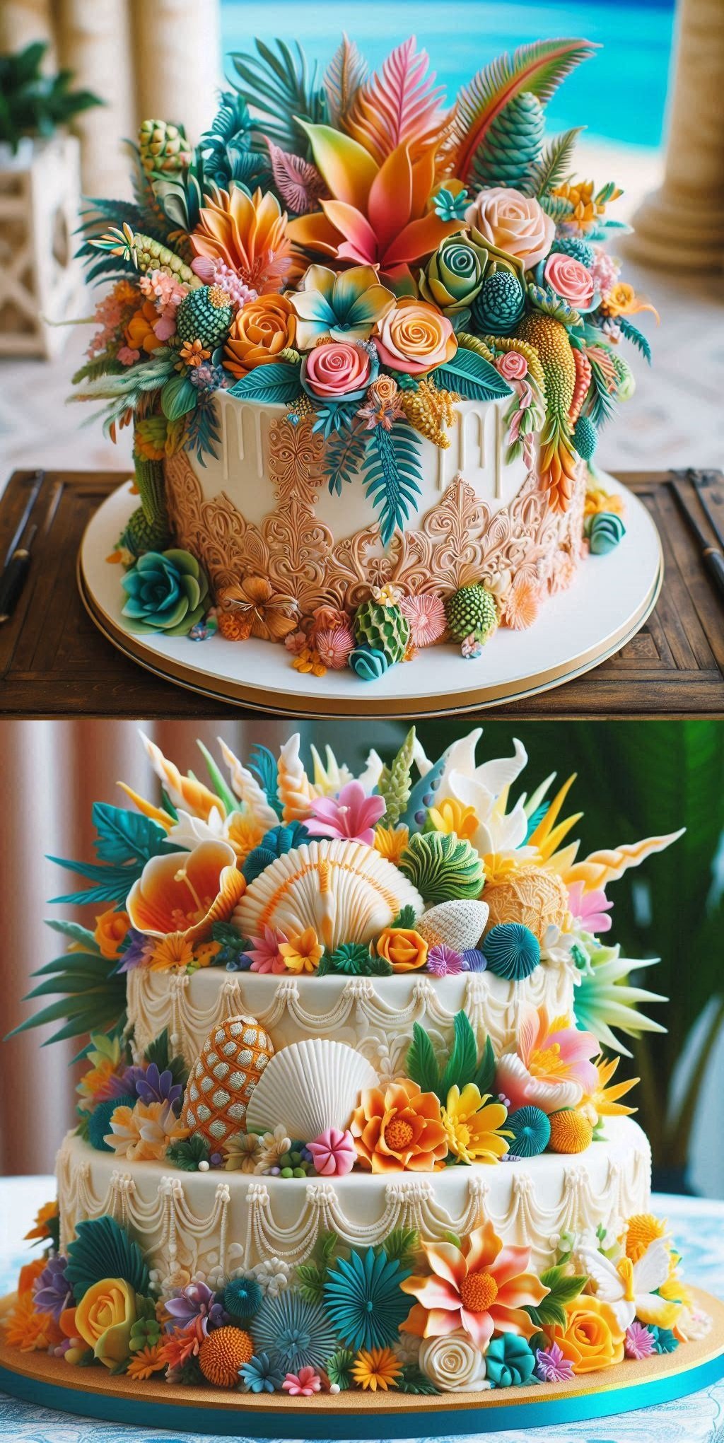 Palm leaves, coral tones, and a swirl of paradise — discover wedding cake Ideas that look like they’ve been kissed by the sun.