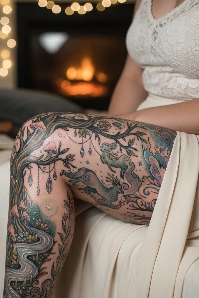 Magical Tattoos for Women: 45+ Enchanting Inspirations | Pocoko These tattoos feel like pages torn from a storybook and pressed into skin. Dark trees, soft glows, and that mysterious energy you can’t quite explain.