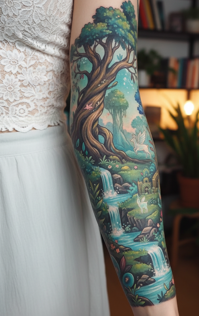 Magical Tattoos for Women: 45+ Enchanting Inspirations | Pocoko There’s romance in an inked treeline under a crescent moon. Enchanted forest tattoos blend elegance with a hint of untamed magic.