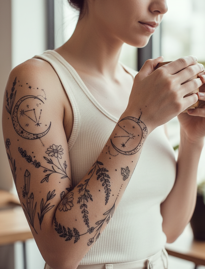 Magical Tattoos for Women: 45+ Enchanting Inspirations | Pocoko Fern and lunar symbol tattoos are where earth meets sky in the most elegant way. Soft fronds curl with quiet strength while moon phases add that cosmic whisper of mystery. It’s the kind of ink that feels grounded, intuitive, and just a little spellbound. 🌿🌙
