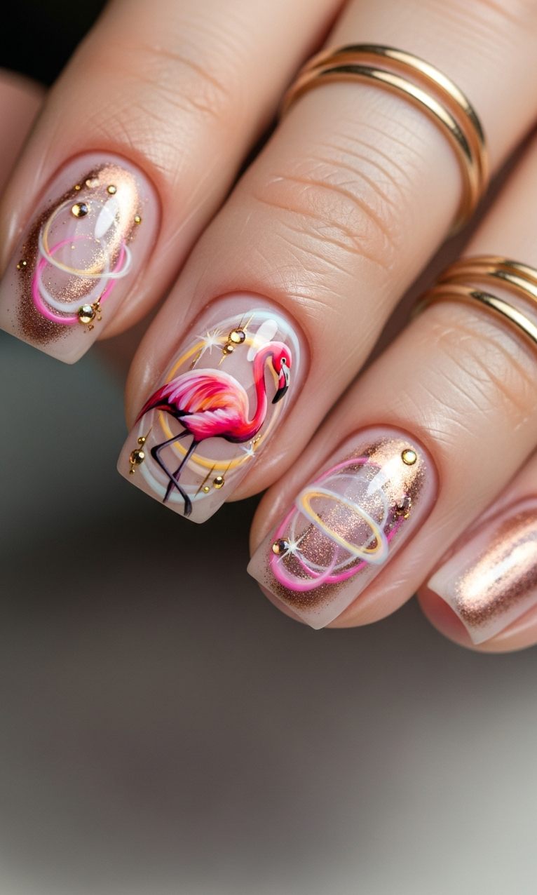 Flamingo Nailart Ideas 2026: 60+ Sensational Inspirations | Pocoko Tropical tones and flamingo silhouettes create instant mood elevation. Your nails deserve a little personality too.