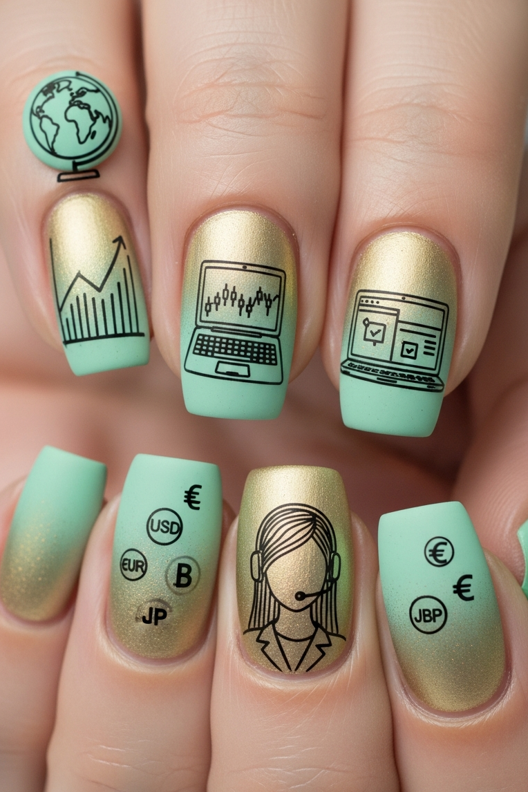 Gold and Mint Ombre – Corporate Inspired Nail Art that blends subtle sophistication with a touch of sparkle. Perfect for boardroom polish with a playful edge.