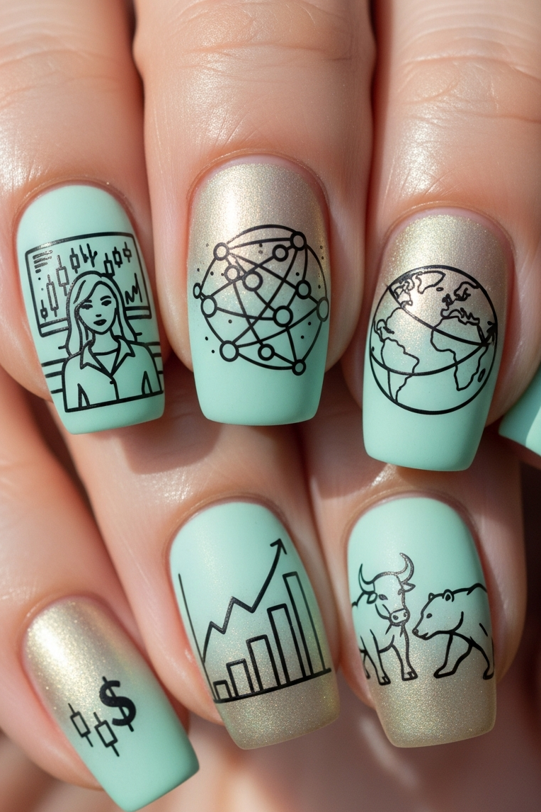 Sleek gradients, soft tones, and a hint of shimmer—Gold and Mint Ombre – Corporate Inspired Nail Art is the ultimate accessory for a polished corporate look.