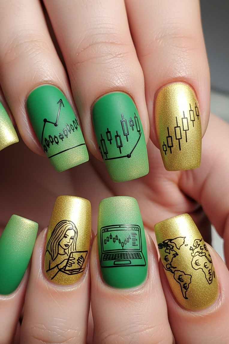 Green and Golden Ombre – Corporate Inspired Nail Art that blends bold ambition with refined elegance. Perfect for nails that mean business but still sparkle with personality.