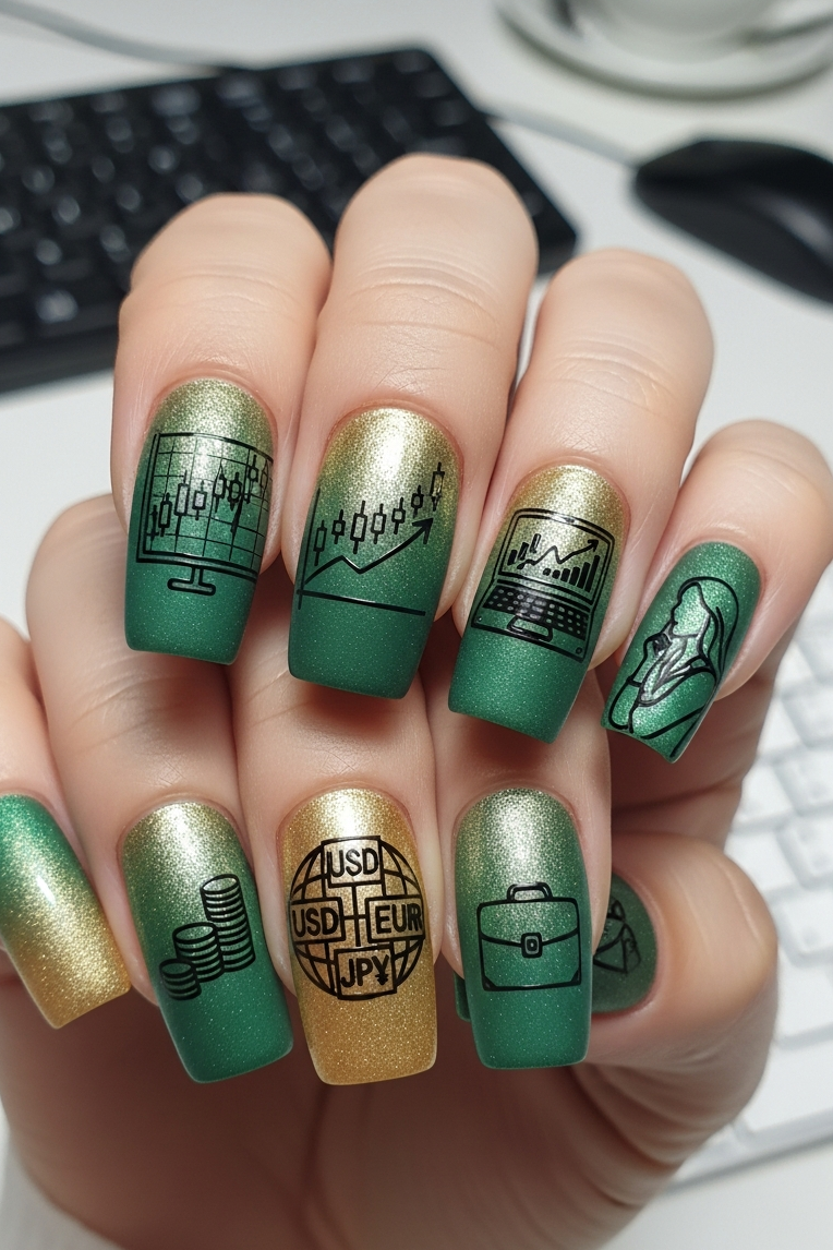 Green and Golden Ombre – Corporate Inspired Nail Art that proves confidence can be stylish. Every polished detail feels like a power move wrapped in glamour.