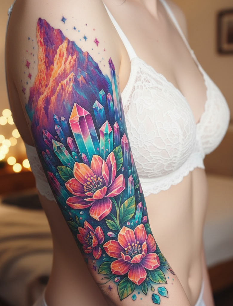 Magical Tattoos for Women: 45+ Enchanting Inspirations | Pocoko Crystal ink has a way of catching attention without begging for it. Elegant geometry meets ethereal charm in the most effortless way.