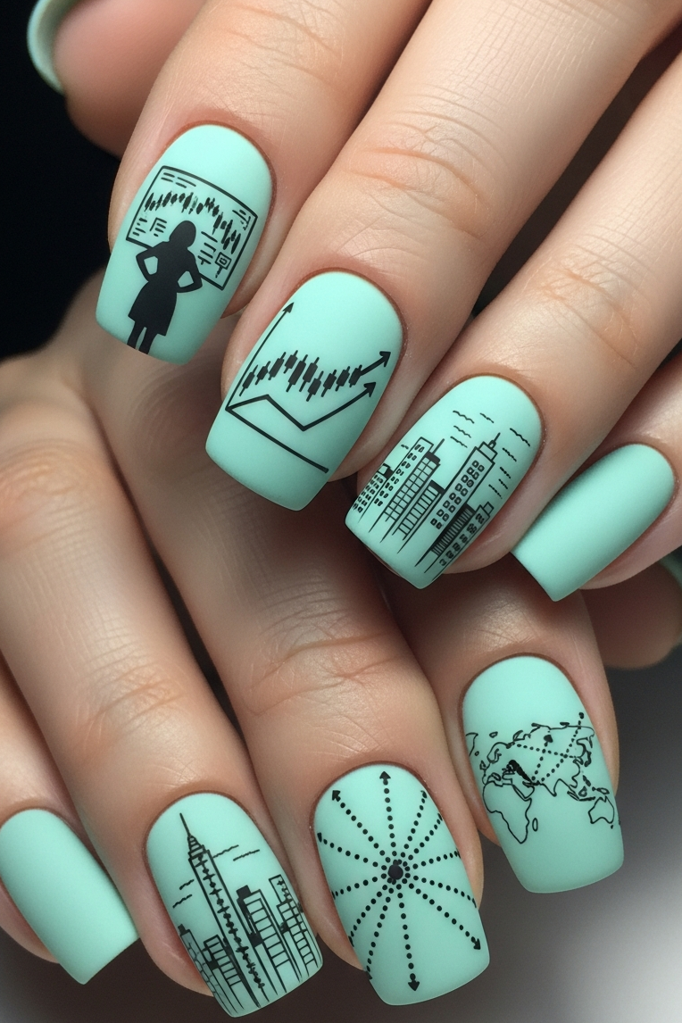 Clean lines, cool tones, and a dash of charm—Mint – Corporate Inspired Nail Art is the perfect balance of corporate sophistication and creative flair.