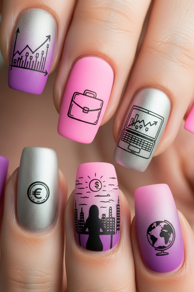 Pink Silver and Violet Ombre – Corporate Inspired Nail Art that blends playful charm with polished sophistication. Every gradient feels like a confident statement wrapped in elegance.