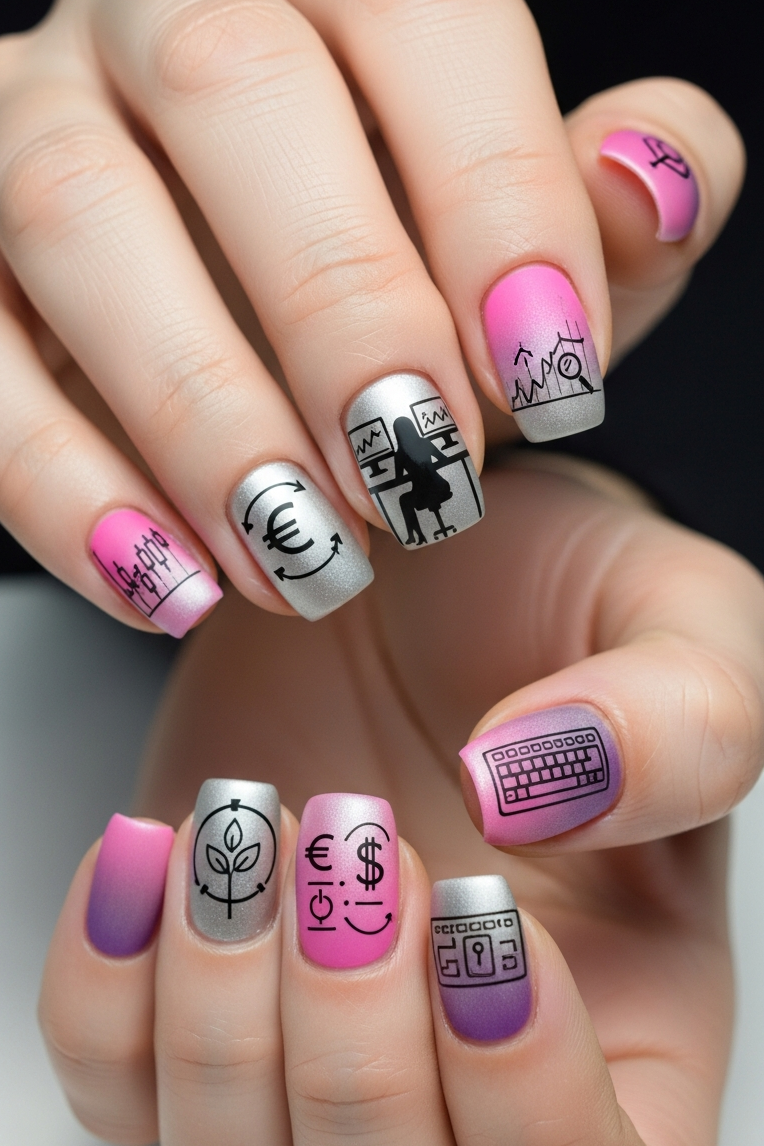 From soft pinks to shimmering silver and bold violet, Pink Silver and Violet Ombre – Corporate Inspired Nail Art makes professionalism look radiant and modern.