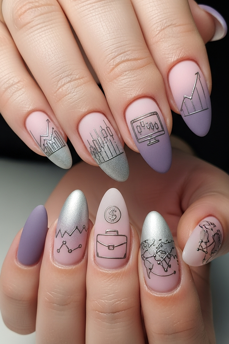 Pink Silver and Violet Ombre – Corporate Inspired Nail Art that proves corporate polish can be creative. Sleek, stylish, and perfect for nails that mean business with flair.