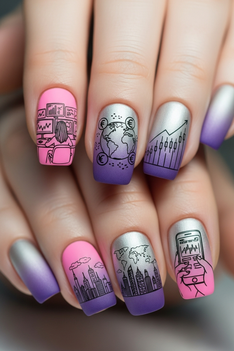 Smooth gradients, chic tones, and a touch of shimmer—Pink Silver and Violet Ombre – Corporate Inspired Nail Art is the ultimate accessory for boardroom confidence with personality.