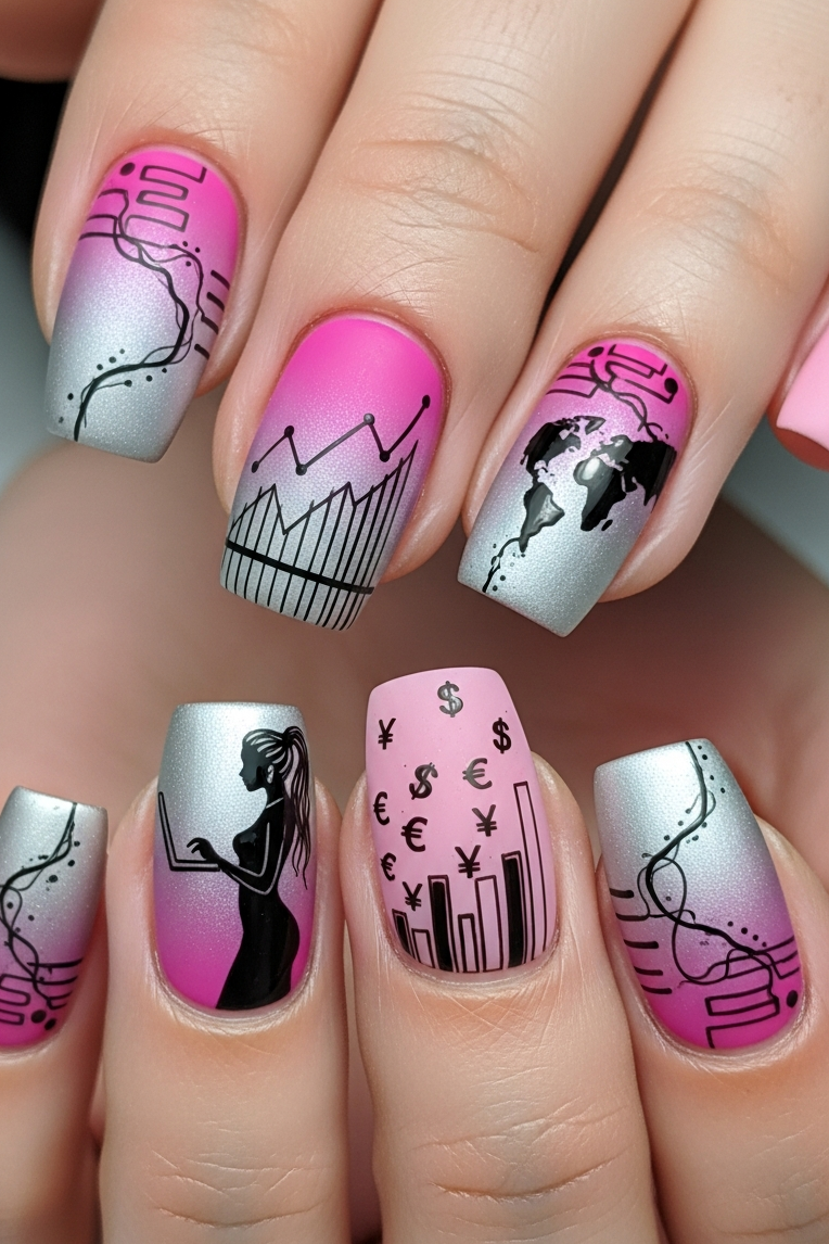 Silver and Pink Ombre – Corporate Inspired Nail Art that blends elegance with a playful twist. Perfect for nails that shine in the office and sparkle after hours.