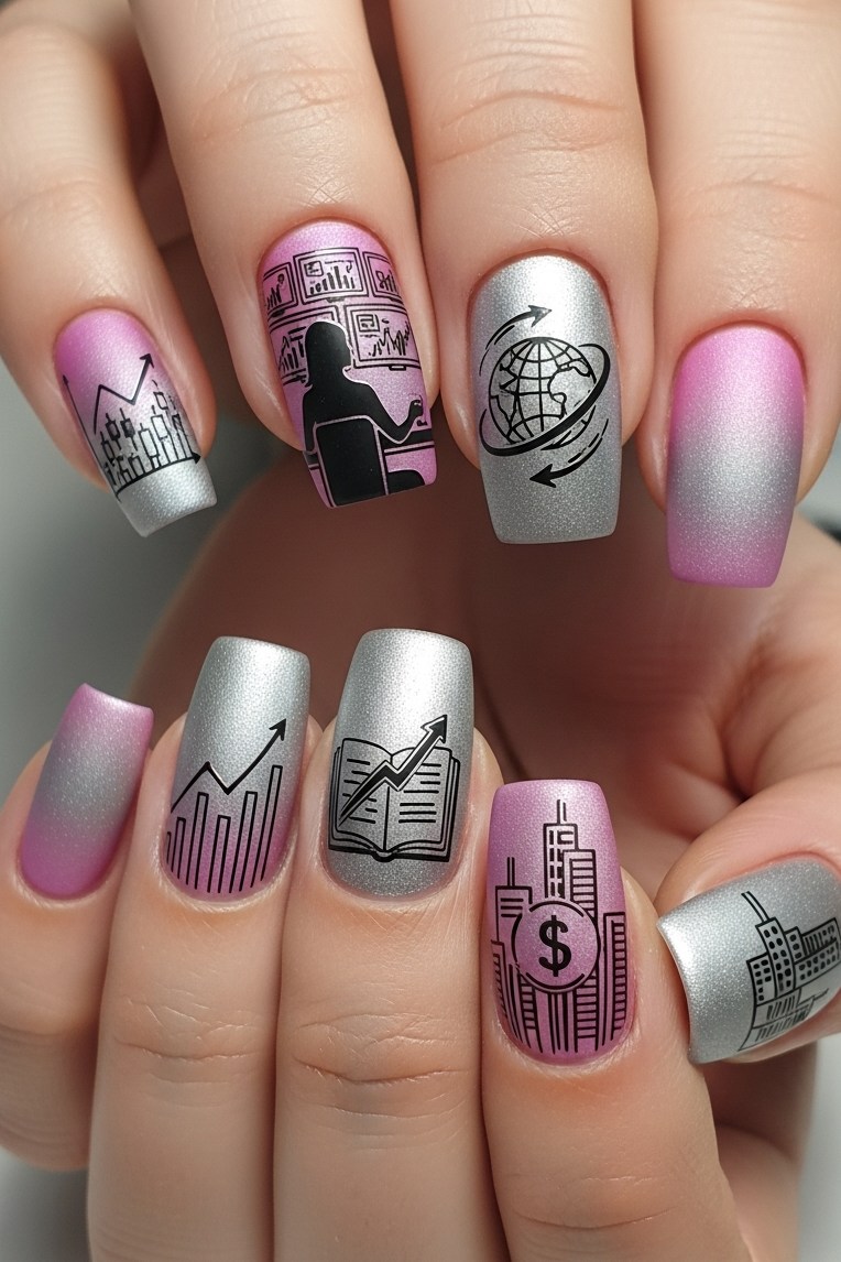 Silver and Pink Ombre – Corporate Inspired Nail Art that proves corporate polish can be creative. Sleek, stylish, and perfect for nails that mean business with flair.