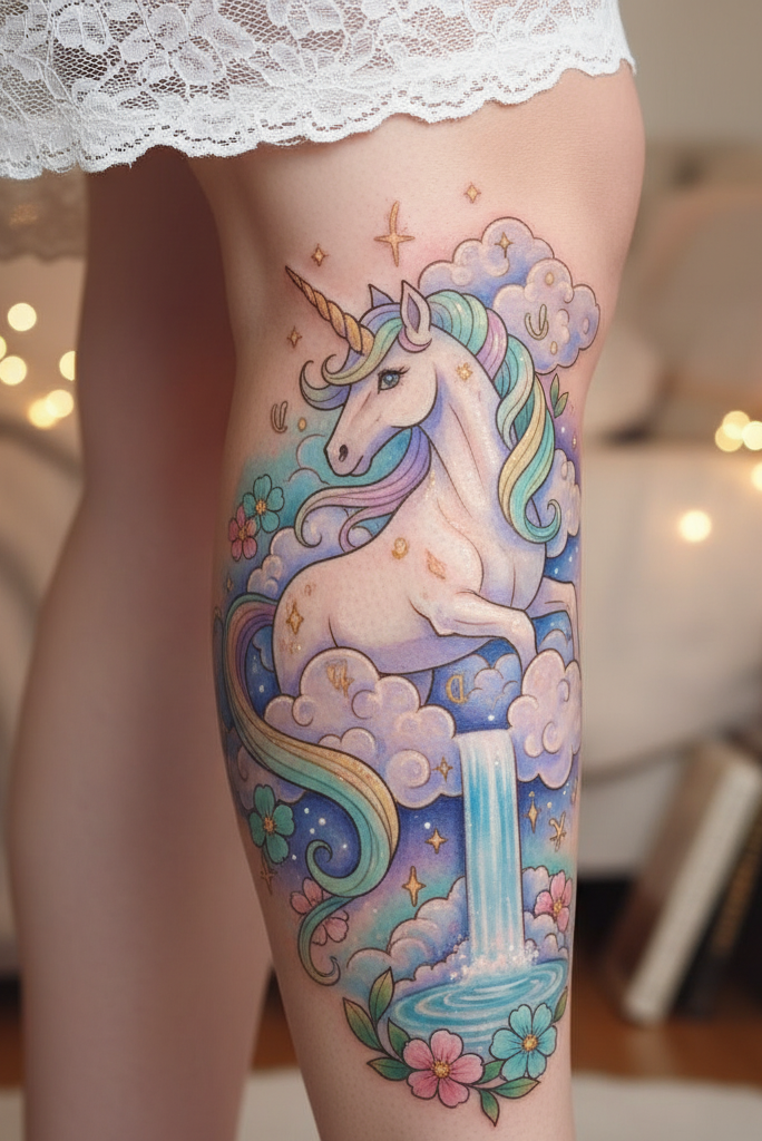 Magical Tattoos for Women: 45+ Enchanting Inspirations | Pocoko There’s elegance in a unicorn stretching across the leg. Soft curves meet strong form in the most captivating way.
