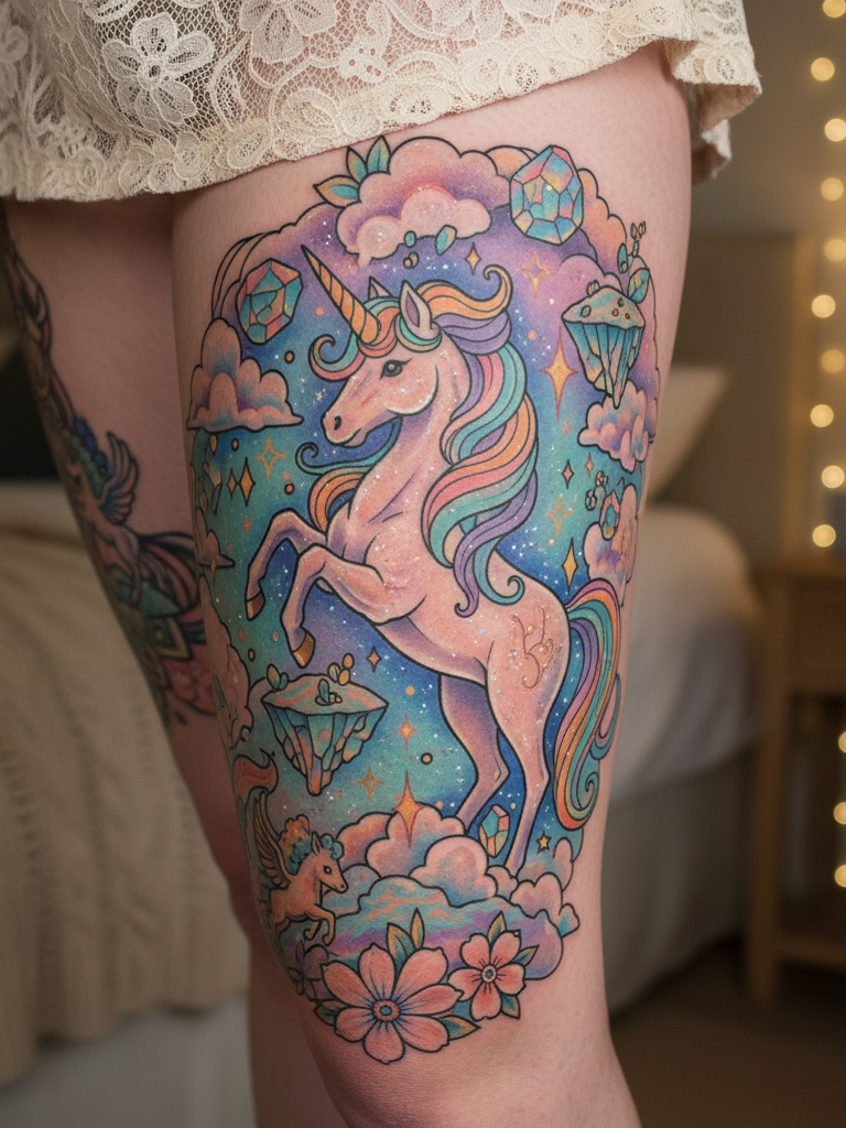 Magical Tattoos for Women: 45+ Enchanting Inspirations | Pocoko A unicorn silhouette on the leg feels mysterious and powerful. It’s a whisper of magic that lingers with every step.