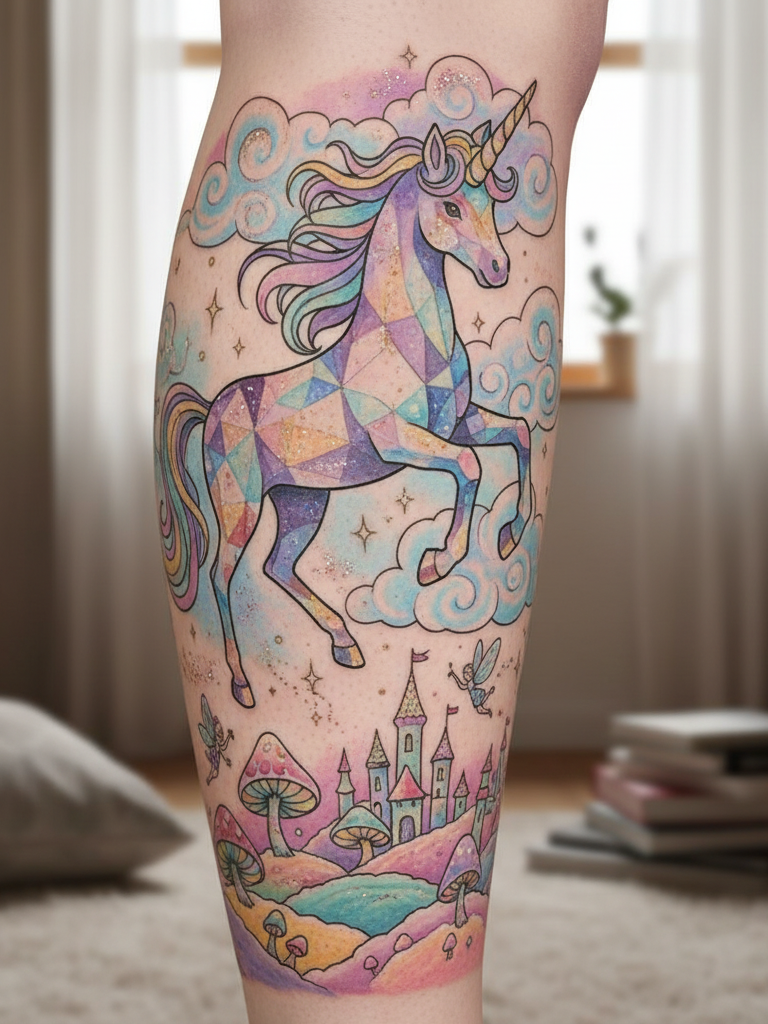 Magical Tattoos for Women: 45+ Enchanting Inspirations | Pocoko Unicorn leg designs feel cinematic. Like a scene from a storybook that happens to be inked on skin.
