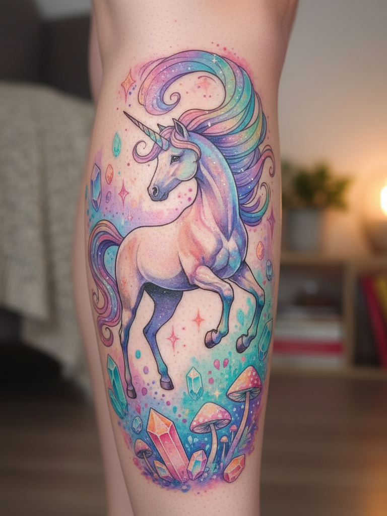 Magical Tattoos for Women: 45+ Enchanting Inspirations | Pocoko A unicorn tattoo on the leg feels bold but elegant. It’s fantasy with backbone and just enough drama to captivate.