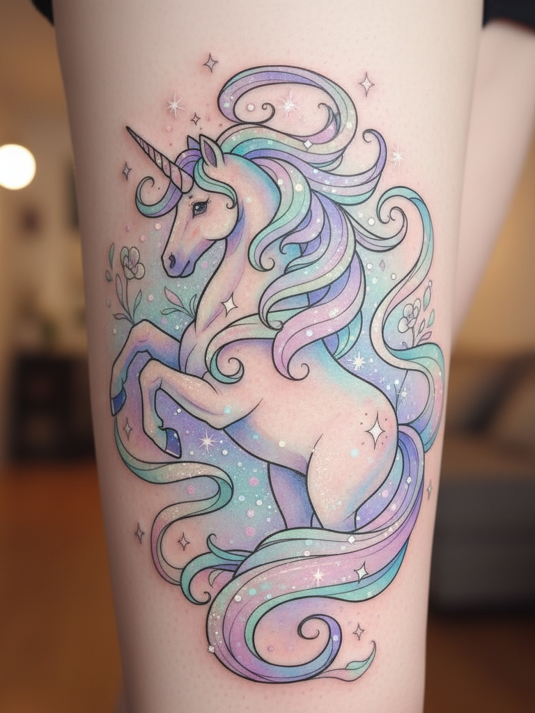 Magical Tattoos for Women: 45+ Enchanting Inspirations | Pocoko Unicorn leg ink feels like carrying a legend with you. Every stride adds a little extra story.
