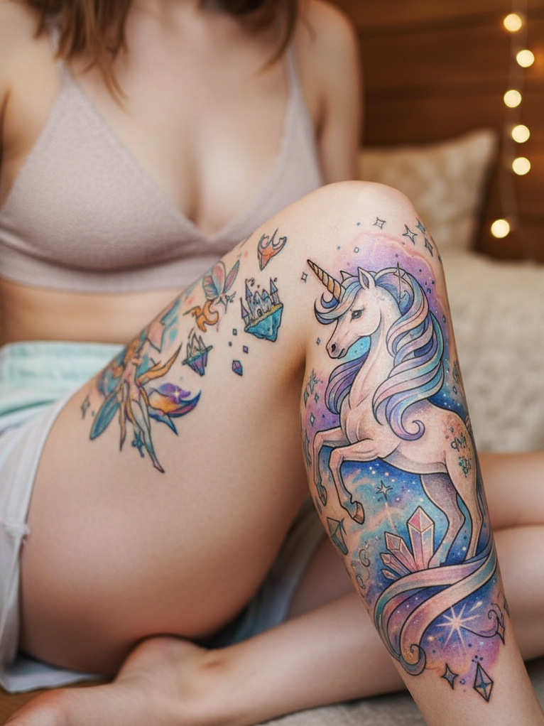 Magical Tattoos for Women: 45+ Enchanting Inspirations | Pocoko A rearing unicorn across the thigh brings fearless energy. It’s beauty, rebellion, and magic all in one striking piece.