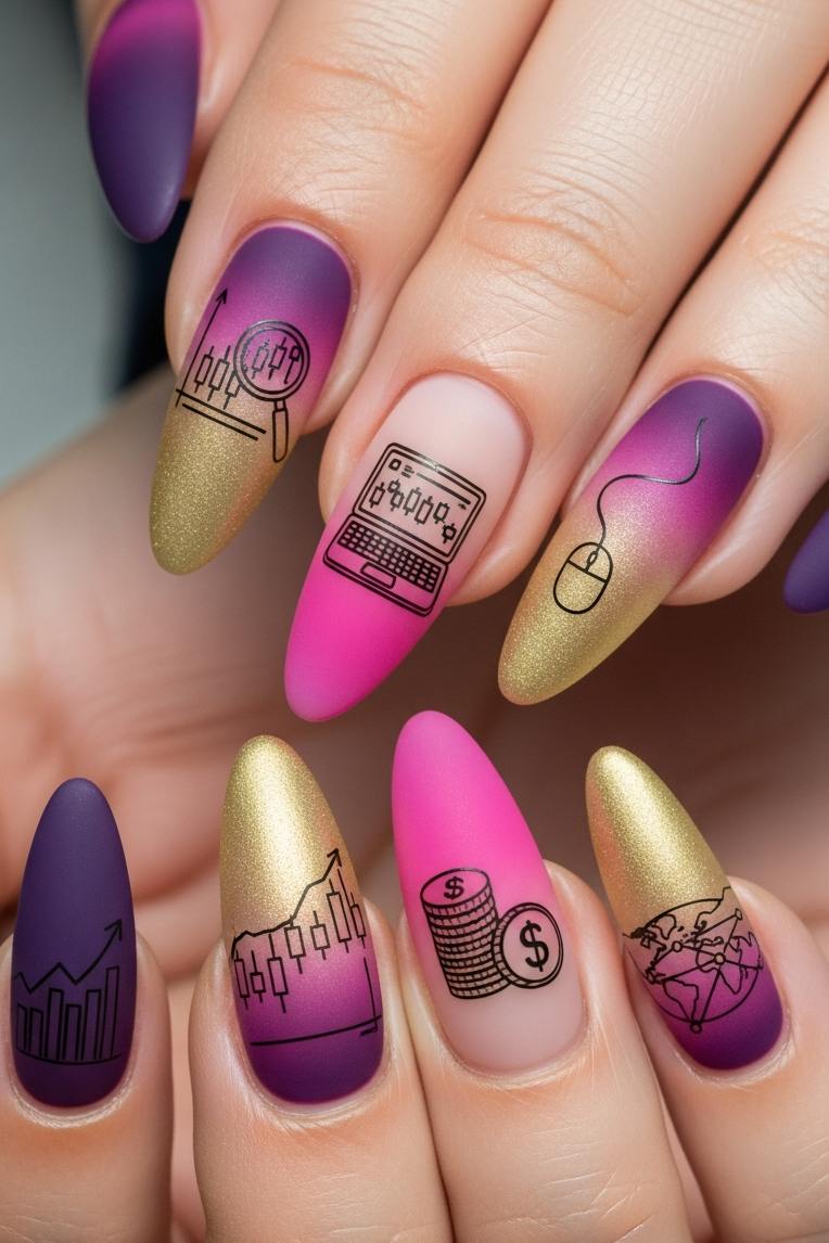 Smooth gradients, chic tones, and golden accents—Violet Pink Golden Ombre – Corporate Inspired Nail Art is the ultimate accessory for boardroom confidence with flair.