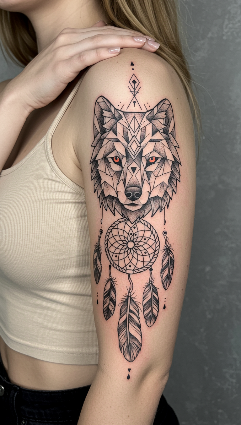 Magical Tattoos for Women: 45+ Enchanting Inspirations | Pocoko Wolf and dreamcatcher tattoos blend wild spirit with quiet protection. Fierce eyes meet delicate feathers, creating a design that feels both powerful and deeply personal.