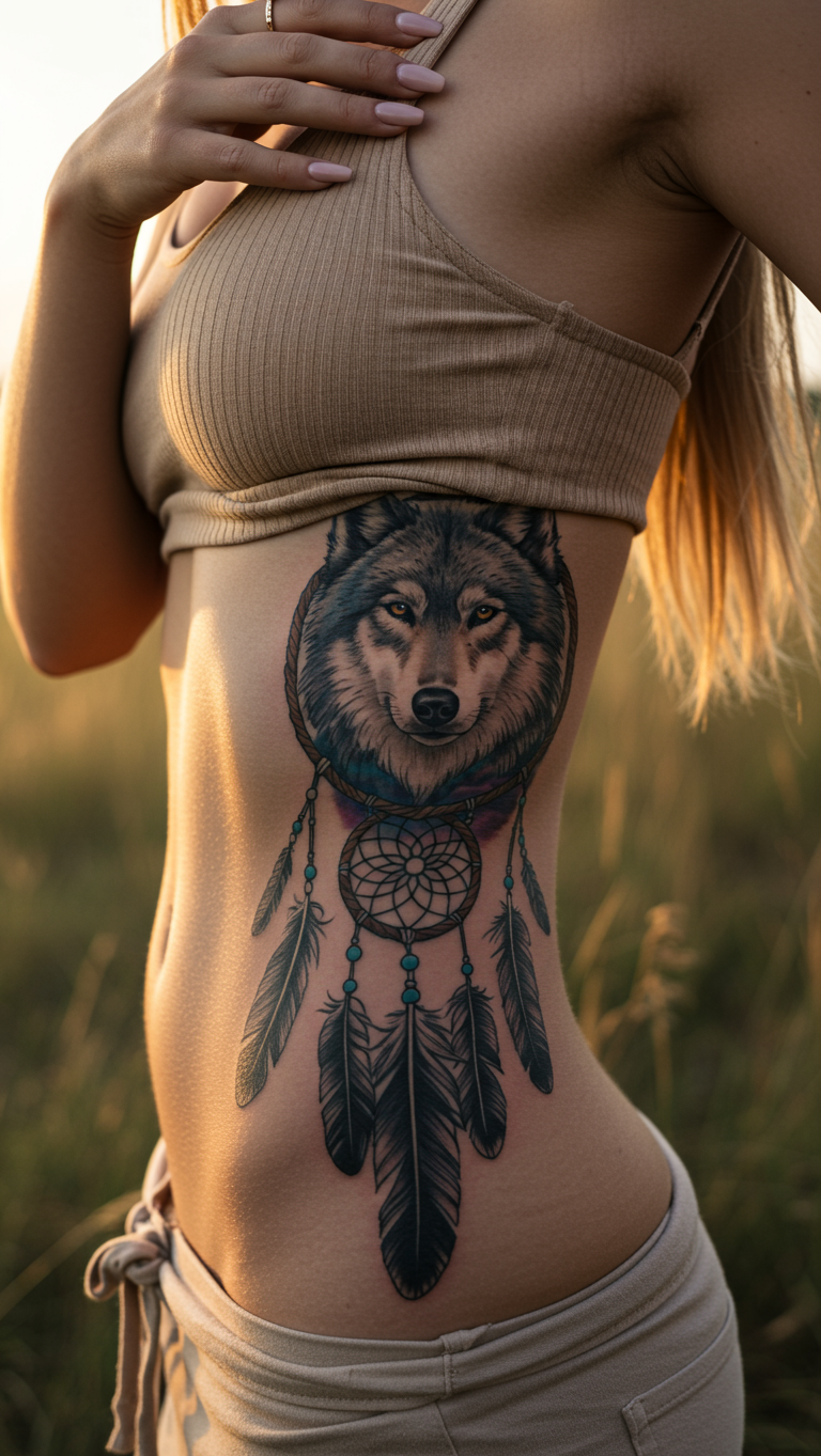 Magical Tattoos for Women: 45+ Enchanting Inspirations | Pocoko There’s something magnetic about a wolf framed by a dreamcatcher. Strength anchors the piece while soft, flowing details add a touch of mystic grace.