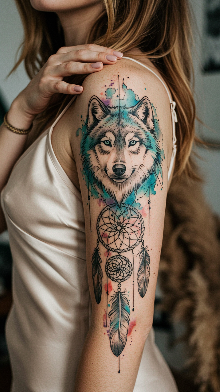 Magical Tattoos for Women: 45+ Enchanting Inspirations | Pocoko Wolf and dreamcatcher designs strike a perfect balance. Bold lines, intricate webs, and just enough magic to make the tattoo unforgettable.